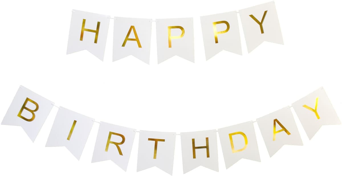 Гирлянда Флажки, Happy Birthday (золотые буквы), Белый, Металлик, 160 см