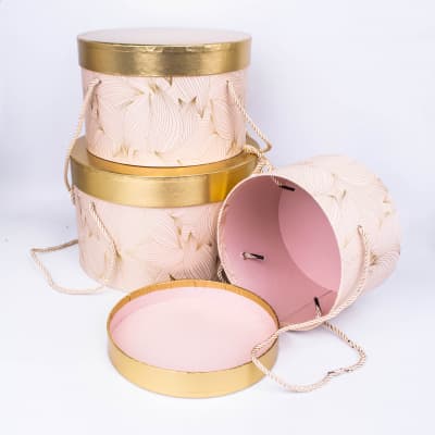 Коробка "Тубус" Золотые листья Розовый M 23.5*15см.