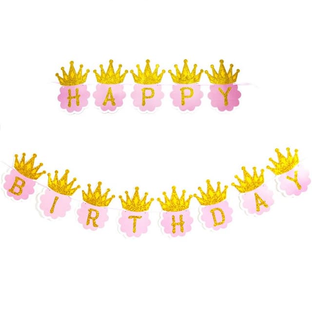 Гирлянда Happy Birthday, Золотые короны, Розовый, 180 см Гирлянда Happy Birthday, Золотые короны, Розовый, 180 см